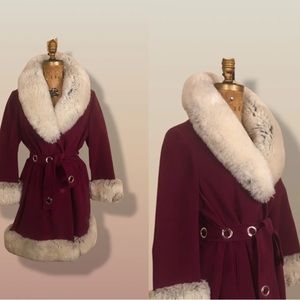 ❌SOLD❌60s wine cranberry coat in velveteen and shearling w grommet belt